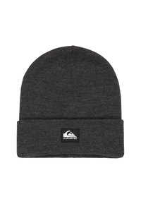 Dark gray knit beanie with folded cuff and square Quiksilver logo patch on the front center.
