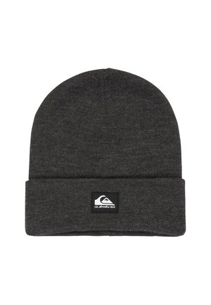 Dark gray knit beanie with folded cuff and square Quiksilver logo patch on the front center.