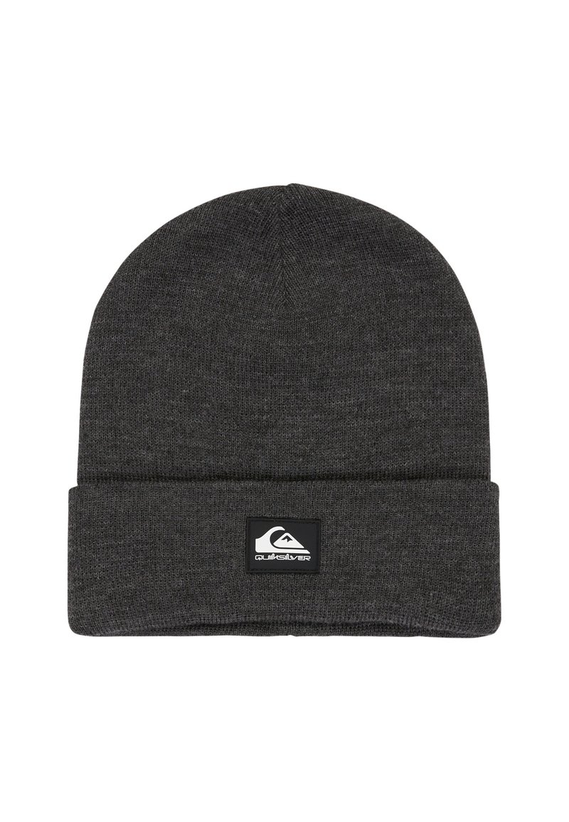Dark gray knit beanie with folded cuff and square Quiksilver logo patch on the front center.