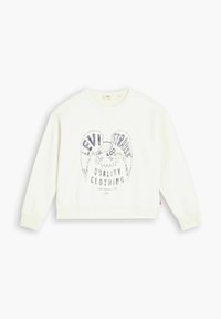 Felpa bianca con una stampa grafica, caratterizzata da scritte blu e un'aquila sotto le parole "LEVI STRAUSS & CO. QUALITY CLOTHING."