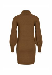 Robe pull en maille marron à manches longues, col roulé et poignets côtelés ajustés, vue de dos.