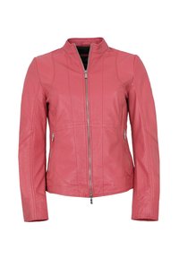 Rosa Lederjacke mit Stehkragen, vorderem Reißverschluss und Seitentaschen. Bietet vertikale Nähte für zusätzliche Textur.