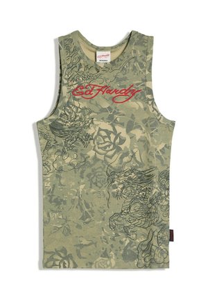 Ärmelloses grünes Tarn-Top mit schwarzen Drachenillustrationen und rotem "Ed Hardy"-Schriftzug auf der Brust.