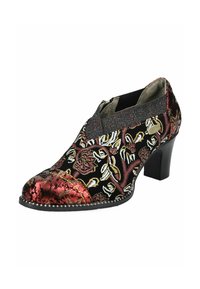 Bota de tobillo de tela negra con bordado floral en rojo, blanco y dorado. Cuenta con un panel elástico con acentos metálicos y un tacón medio.