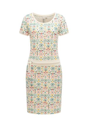 Kortærmet cremefarvet kjole med flerfarvet geometrisk mønster og snørelukning i taljen.
