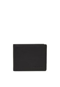 Black leather wallet with a smooth texture, bi-fold design, and embossed logo. Features clean edges and minimalistic style.