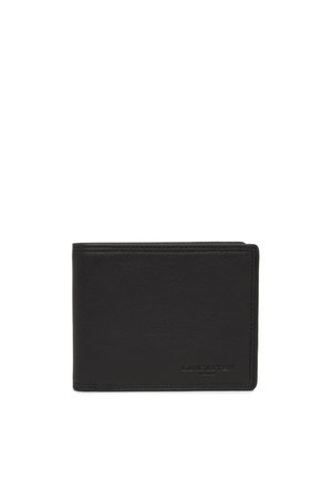 Black leather wallet with a smooth texture, bi-fold design, and embossed logo. Features clean edges and minimalistic style.