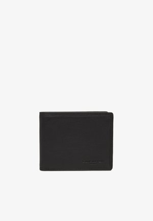 Schwarze Lederbörse mit glatter Textur, im Doppelgelenk-Design und geprägtem Logo. Verfügt über saubere Kanten und einen minimalistischen Stil.