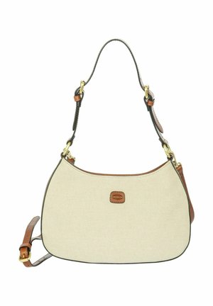 Bolso de hombro de tela beige con ribete de piel marrón, herrajes en tono dorado, correa ajustable y pequeño parche rectangular con logo en el centro delantero.