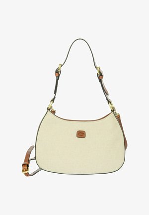 Beige stoffen schoudertas met bruine leren biezen, goudkleurig beslag, verstelbare band en kleine rechthoekige logopatch vooraan in het midden.