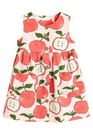 Robe sans manches pour tout-petit avec boutons à l'avant et motif pommes rouges avec feuilles vertes sur fond rose clair.