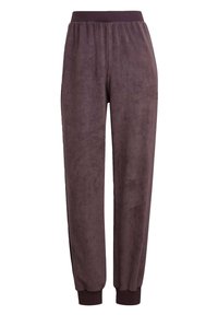 Bruna fleece-joggers med elastisk midja, avsmalnande ben och elastiska manschetter vid fållen. Mjuk textur med en slät yta.