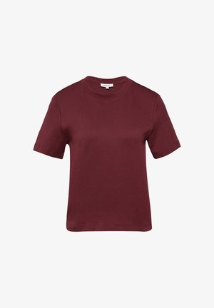 Bordové tričko s krátkým rukávem vyrobené z bavlny, s kulatým výstřihem a volným střihem. Hladká textura bez viditelných vzorů nebo akcentů.