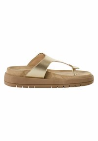 Infradito metallici dorati con suola piatta beige imbottita e superficie liscia, dotati di un inserto centrale per le dita e cuciture sottili.