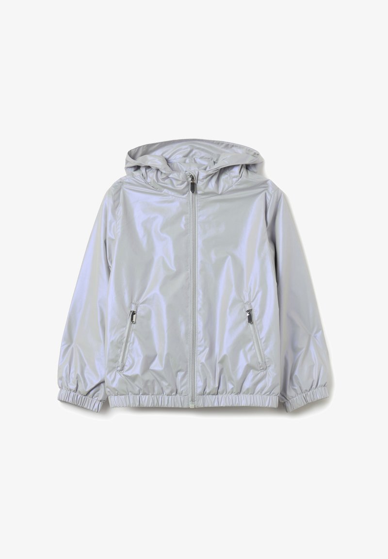 Veste à capuche gris clair avec fermeture éclair devant, deux poches latérales zippées, poignets élastiques et ceinture élastique.