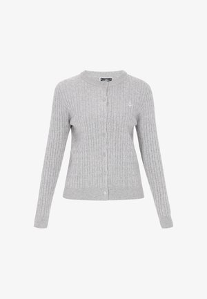 Grijze kabelgebreide cardigan met een ronde halslijn, knopen aan de voorkant, lange mouwen en geribbelde manchetten en onderkant. Lichtgewicht stof, subtiele textuur.