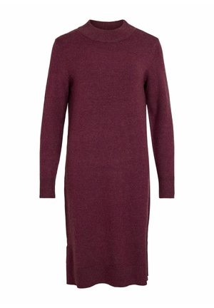 Abito in maglione bordeaux con collo alto, maniche lunghe, polsini a coste e taglio dritto, caratterizzato da fessure laterali all'emissione.