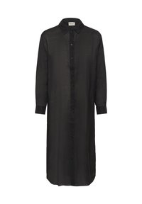 Rochie midi neagră cu mânecă lungă, guler ascuțit, închidere cu butoane și mâneci cu mansete.