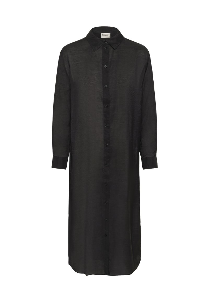 Abito midi nero a maniche lunghe con colletto a punta, chiusura con bottoni e maniche con polsini.