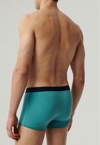 Męskie tealowe bokserki wykonane z miękkiej tkaniny, z czarnym elastycznym pasem i prostym, smukłym wzorem, bez widocznych wzorów.