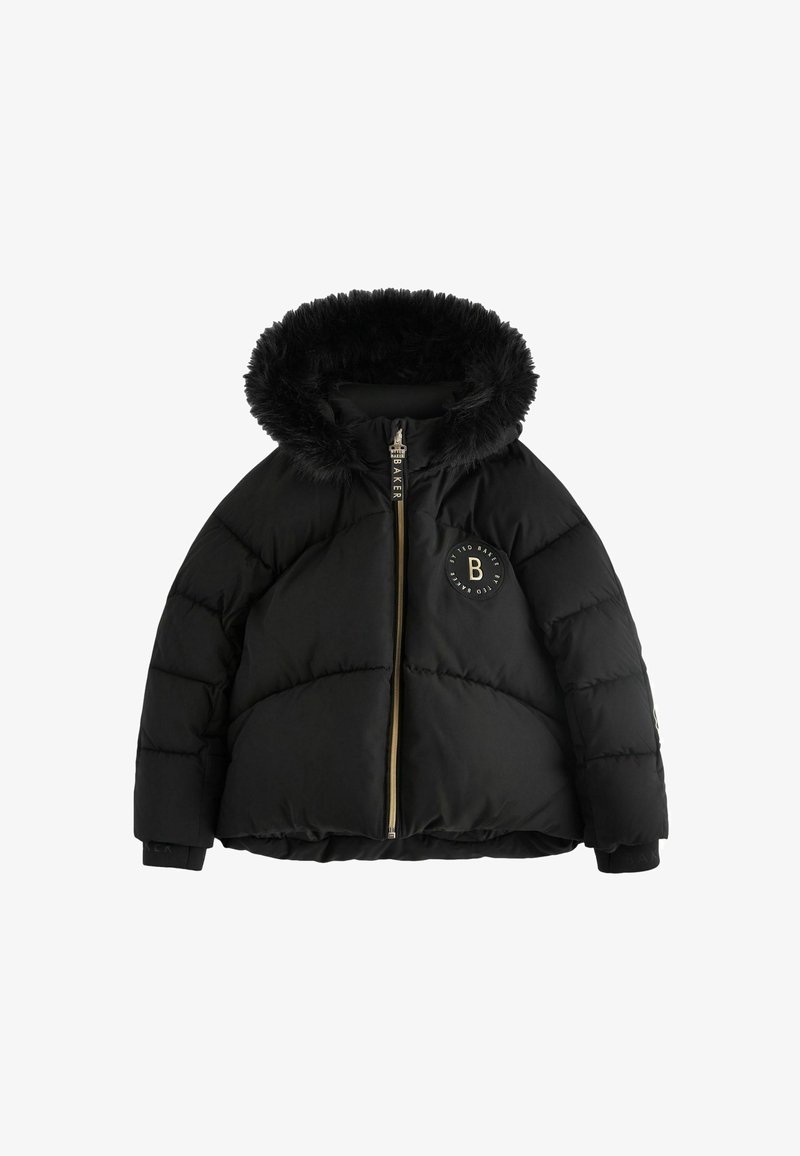 Czarna puchowa kurtka z kapturem z sztucznego futra, złotym zamkiem błyskawicznym i okrągłymi detalami logo. Posiada pikowane sekcje i prążkowane mankiety.