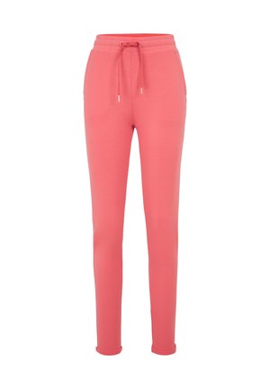 Pink sweatpants with a drawstring waist and tapered legs. Made of soft material, featuring ribbed cuffs at the ankle.
