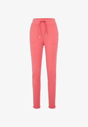 Pink sweatpants with a drawstring waist and tapered legs. Made of soft material, featuring ribbed cuffs at the ankle.
