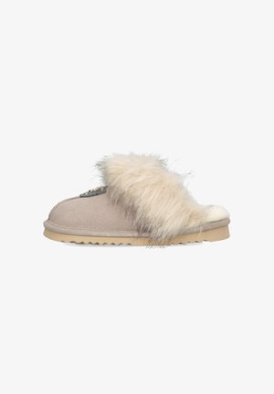 Faux fur slide slipper in beige with a plush cream trim. Features a grey suede upper and a textured rubber sole with zigzag pattern.