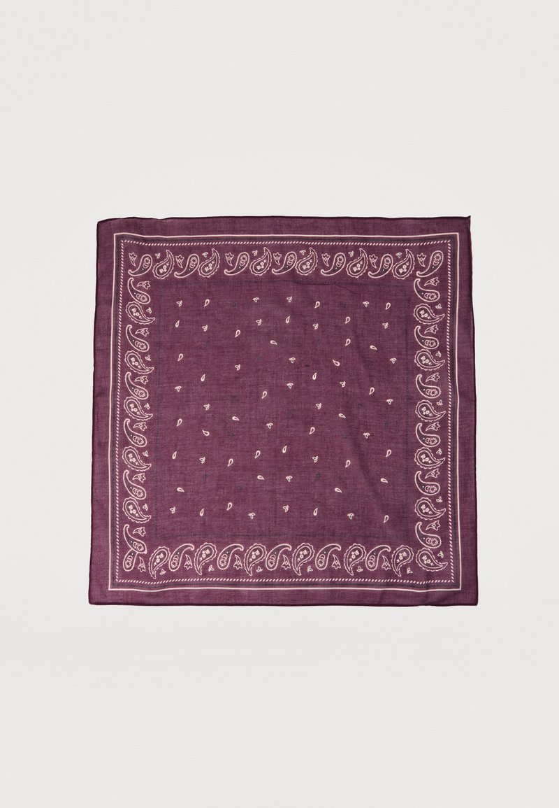 Square purple bandana with white paisley and dot patterns along the edges and scattered in the center on a plain background.