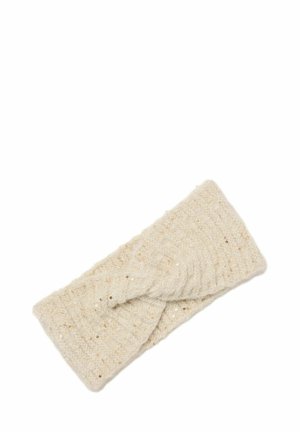 Diadema beige suave de punto con diseño frontal retorcido y pequeñas lentejuelas doradas dispersas sobre fondo blanco.