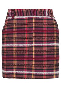 Rutigt mini-jått med nyanser av rosa, burgund och orange. Har en figurnära design med ett strukturerat tyg och en midja.