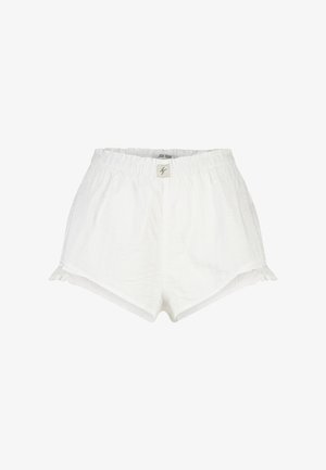 Witte shorts met elastische taille en een klein logolabel in het midden, met subtiele ruches aan de pijpzoom.