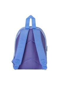 Blauwe rugzak met gaasdetails, gewatteerde schouderbanden en een ronde vorm. Voorzien van verstelbare bandjes en een ritszak aan de zijkant.