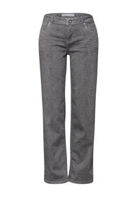 Szare jeansy w wzór wężowej skóry o prostym kroju nogawki, wykonane z denimu. Posiadają zapięcie na guzik oraz styl pięciokieszeniowy.