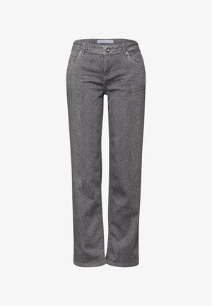 Gray snake-print jeans with straight leg design, crafted from denim. Features a button closure and five-pocket styling.