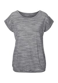 Gray short-sleeve top with a relaxed fit, featuring a heathered texture and a rounded neckline. Casual design suitable for everyday wear.
