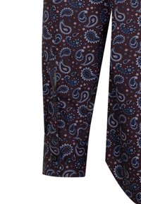 Braune Stoffhose mit einem Paisley-Muster in Dunkelblau und Weiß. Das Design umfasst Knöpfe und eine glatte Textur.