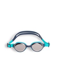 Gogle z lustrzanymi soczewkami, wykonane z niebieskiego i turkusowego silikonu, z regulowanym paskiem i opływowym, owalnym kształtem, przeznaczone do aktywności wodnych.