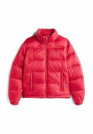 Red puffer jacket with a high collar, zip front, and two side pockets. Features quilted panels and a small logo on the chest.