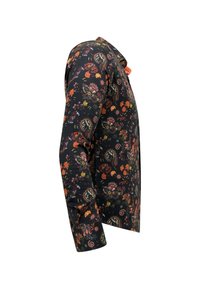 Langemouwen overhemd van zwarte stof versierd met een kleurrijk bloemenpatroon, met een button-down kraag en manchetten.