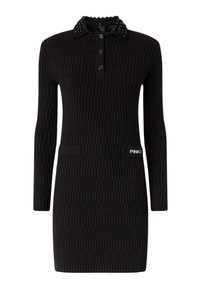 Abito in maglia nera con un motivo tessutato, maniche lunghe, patta con bottoni, colletto con perline e due tasche anteriori. Logo visibile di lato.