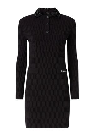 Abito in maglia nera con un motivo tessutato, maniche lunghe, patta con bottoni, colletto con perline e due tasche anteriori. Logo visibile di lato.