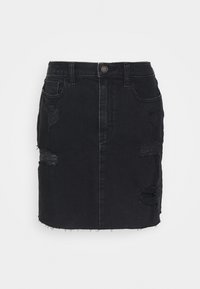 Černá džínová sukně s přiléhavým střihem, zdobená popraskanými detaily a roztrhaným lemem. Pět kapes a zapínání na přední knoflík.