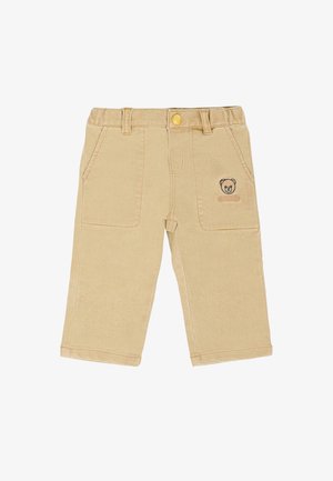 Beige corduroybroek met een rechte pijpdesign, voorzien van vier zakken en een geborduurd zwart berenlogo op de voorkant. Gouden knoopsluiting.