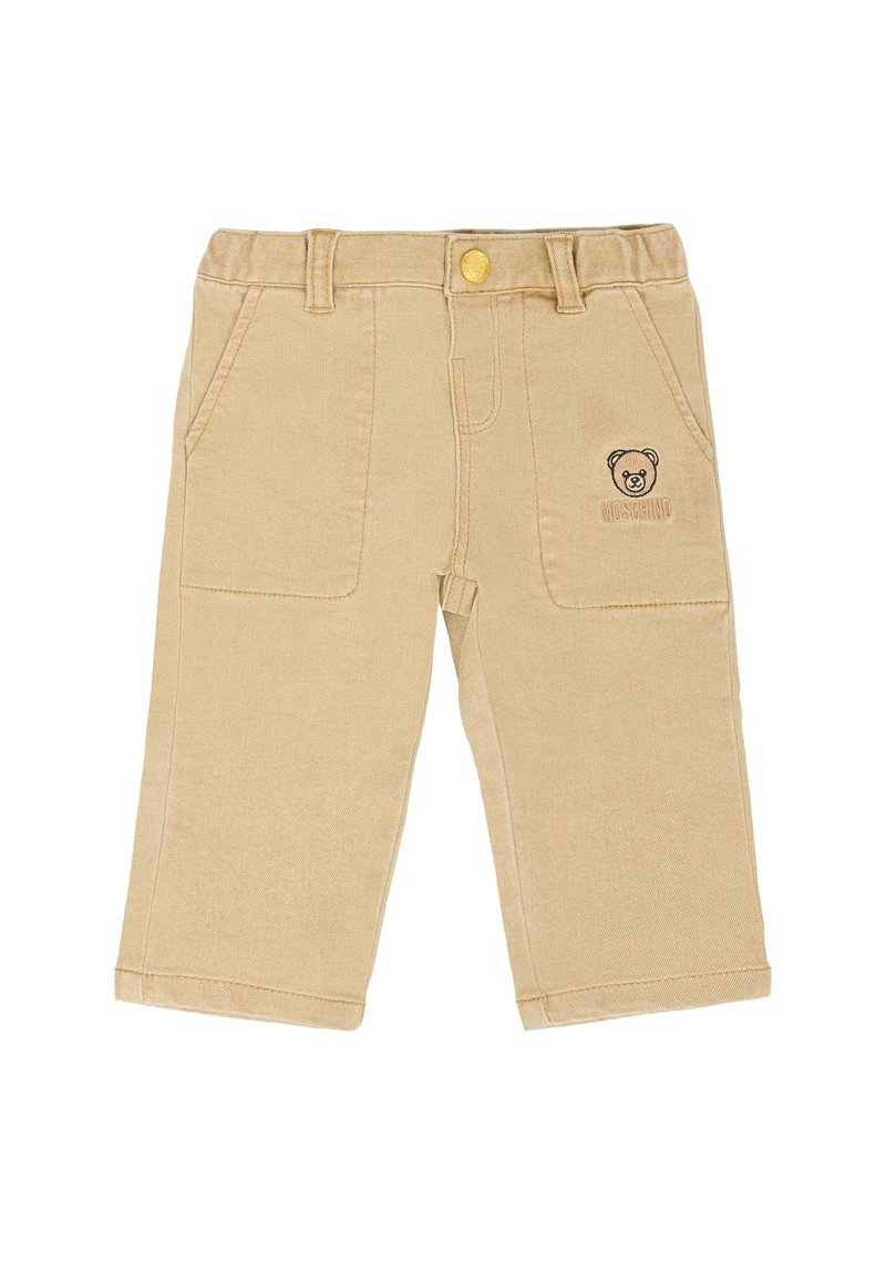 Beżowe spodnie korduroy w prostym kroju, z czterema kieszeniami i wyhaftowanym z przodu logo czarnej niedźwiedzi. Złote zapięcie na guzik.