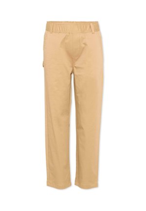 Beige rechte broek met elastische tailleband en ceintuurlussen, gemaakt van gladde stof, van voren op een witte achtergrond weergegeven.
