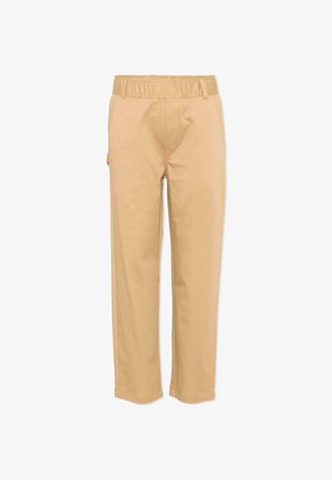 Pantalon beige droit avec taille élastique et passants de ceinture, fabriqué en tissu lisse, présenté de face sur fond blanc.