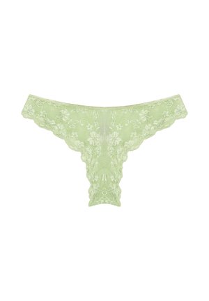 Perizoma in pizzo verde chiaro con ricamo floreale e bordi smerlati su sfondo bianco.