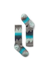 Calcetines grises con un patrón en zigzag en menta y azul marino, con rayas turquesa y acentos en el dedo del pie y el talón en contraste.