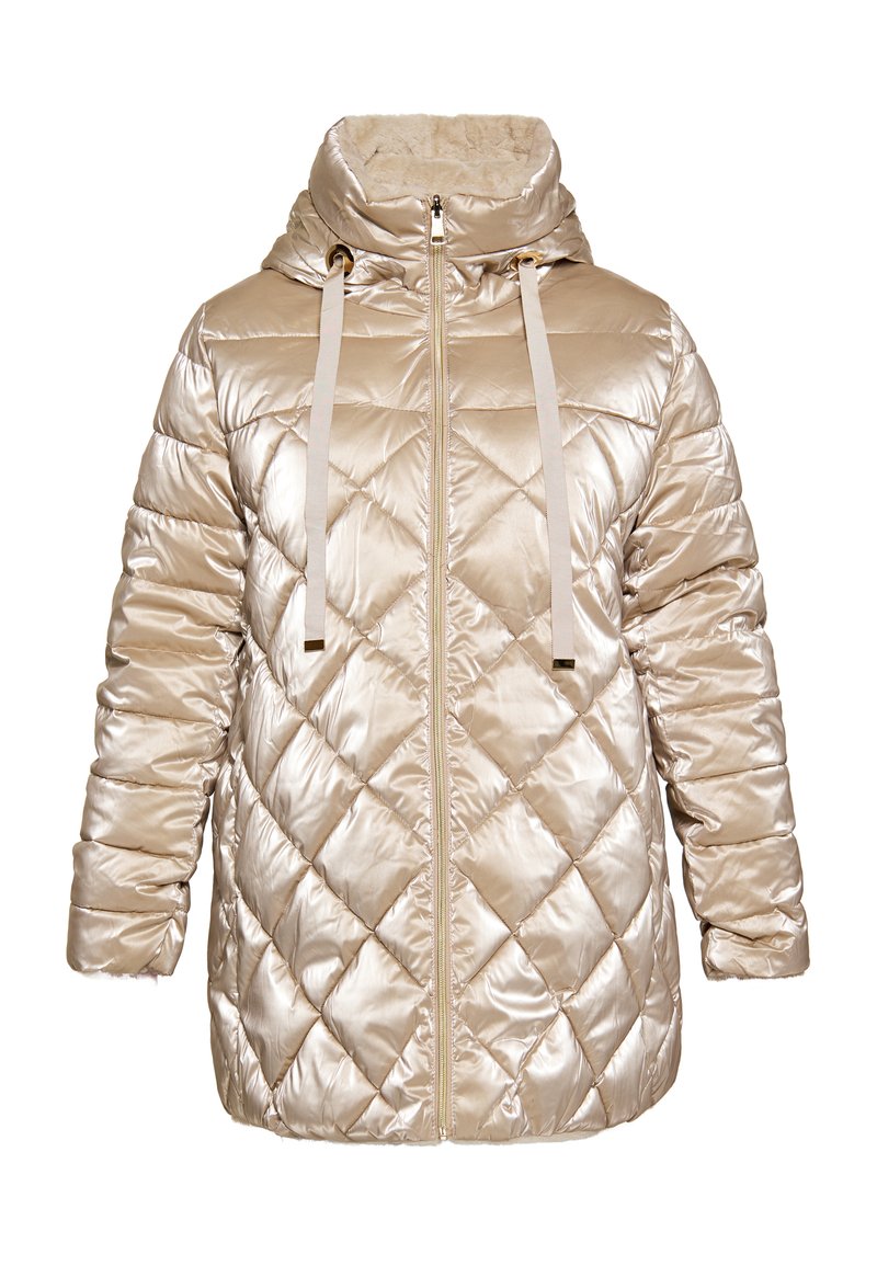 Giacca puffer trapuntata in materiale beige lucido, con colletto alto, chiusura a zip e cordini con dettagli in metallo.